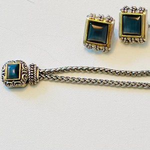 Rare Vintage  2-Tone 2 Strand moon stone grey Blue Bracelet & Earrings set